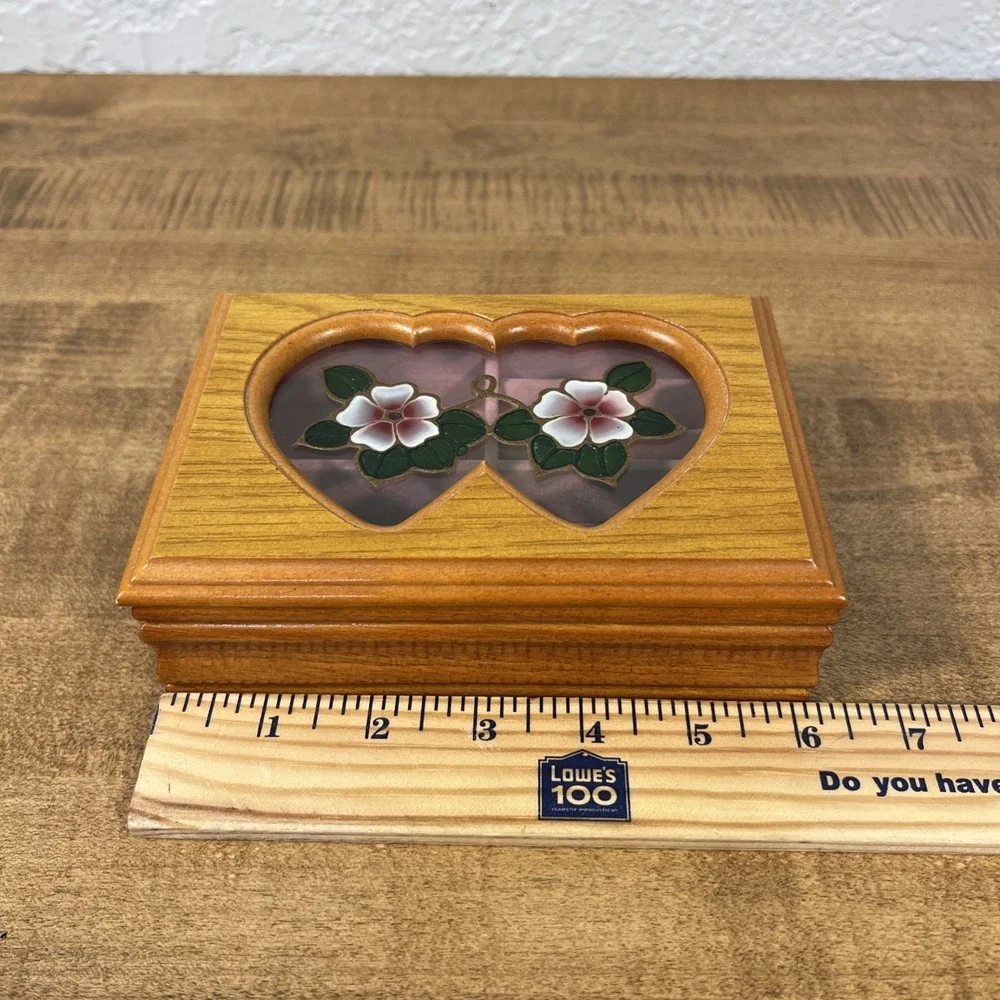 Vintage Wood Wooden Trinket Jewelry Box W/ Flower Blossom Design